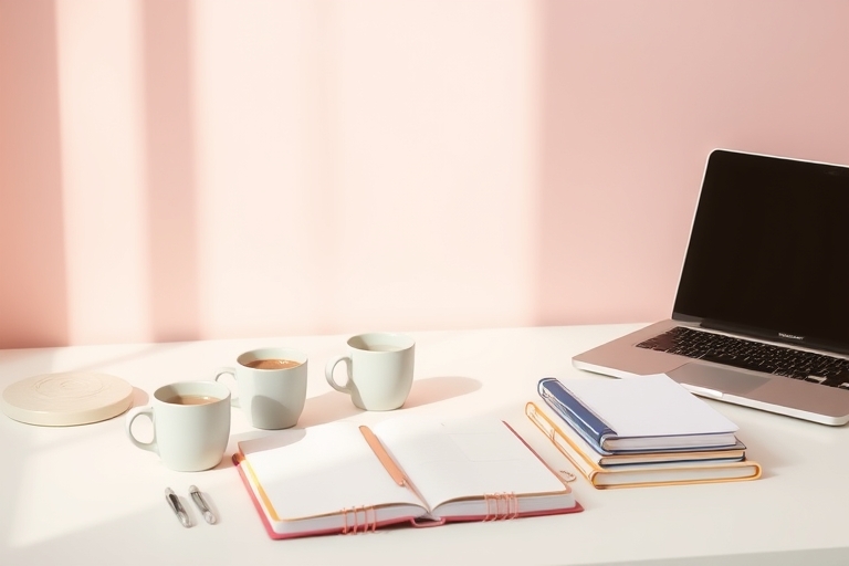 "A minimalist desk with a few carefully placed coffee cups, a laptop, and a few neatly arranged planners and notebooks, set against a soft pastel pink background, with warm natural light illuminating 