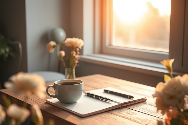 "A morning desk setup with a cup of steaming coffee, a pen, and a small notebook on a minimalist wooden table with a warm, golden light pouring through a large window, surrounded by pastel-colored flo