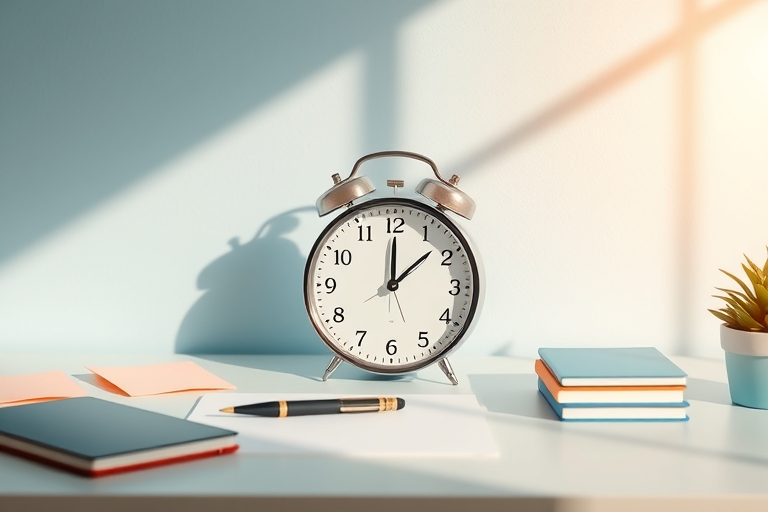 "A minimalist desk with a single pen and a clock striking 2 minutes, set against a warm pastel blue background with a few scattered sticky notes and a small potted plant, bathed in soft morning sunlig