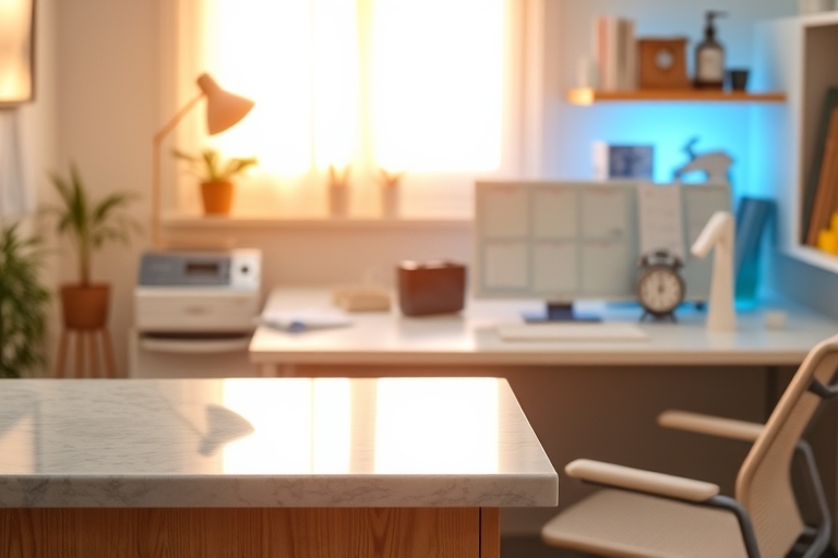 "A serene home office with a sparkling clean countertop, a tidy desk with a timer, and a few neatly arranged tools and cleaning supplies, illuminated by warm morning light and a soft pastel blue glow,