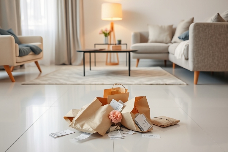 "A minimalist living room with a small pile of discarded shopping bags and receipts on a white floor, surrounded by neutral-toned furniture and the soft glow of a warm lamp, with pastel-colored flower