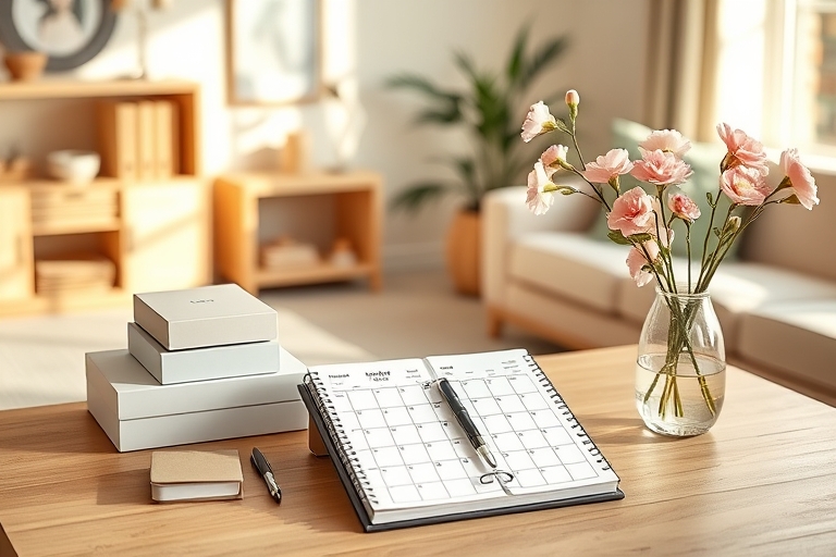 "A clutter-free, serene living room with a 30-day planner on a minimalist wooden desk, surrounded by a few select, neatly stacked boxes and a vase with pastel pink flowers, illuminated by warm sunligh