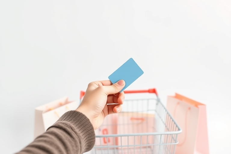 "A person's hand hesitates over a shopping cart, with a single, unopened credit card in hand, against a minimalist white background, surrounded by empty shopping bags, with a subtle pastel pink and bl