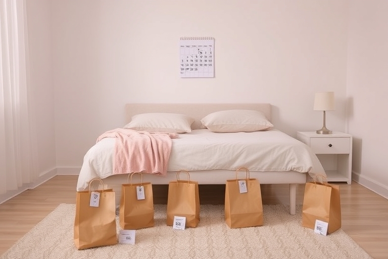 "A minimalist bedroom with a neatly made bed, a few carefully arranged shopping bags with price tags and receipts scattered on the floor, a calendar on the wall with a 30-day marker, soft pastel hues 