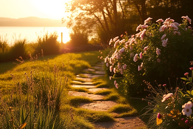 "Sunny morning moment: a serene garden path with blooming flowers, soft greenery, and a calm lake in the background, lit by warm golden light with a subtle pastel pink glow."