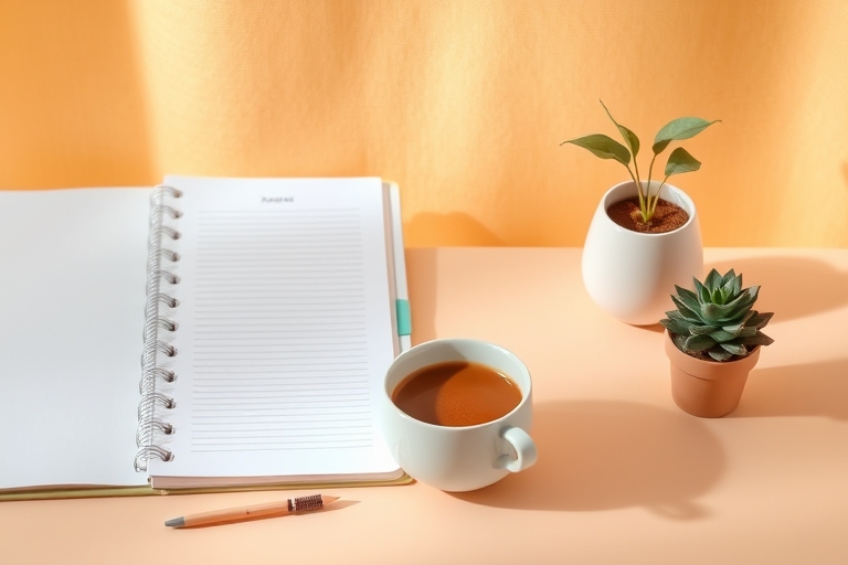 "A serene morning scene: a minimalist desk with a steaming cup of coffee, a planner, and a small potted plant, set against a warm, golden background with soft pastel hues of peach and mint."