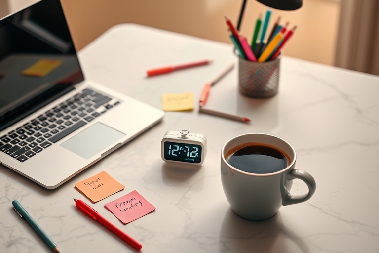 "A minimalist desk with a sleek laptop, a tiny timer ticking away, surrounded by colorful pens, sticky notes with prioritized tasks, and a cup of steaming coffee on a marble surface, bathed in warm go