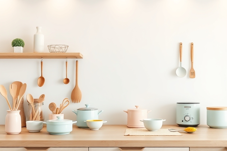 "A serene kitchen scene with a minimalist white background, warm golden lighting, and pastel-colored utensils and appliances arranged in a tidy grid on a wooden countertop, with a few strategically pl