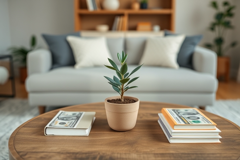 "A minimalist living room with a small potted plant on a wooden coffee table, surrounded by a few carefully placed pastel-colored books and a tidy stack of cash, set against a warm and cozy background