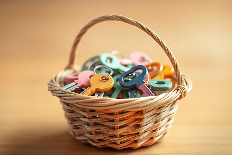 "A close-up of a delicate, hand-woven wicker basket filled with a variety of colorful, unique keys in soft pastel hues, set against a warm, minimalist background with a subtle gradient of light and sh