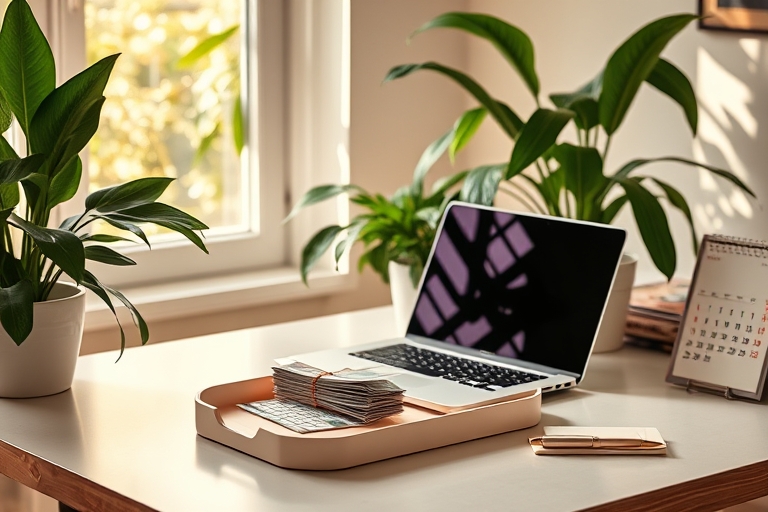 "A serene desk with a laptop and a few bills organized on a pastel-colored tray, surrounded by lush greenery and a warm, sunlit window with a subtle calendar and pen nearby, reflecting a sense of calm