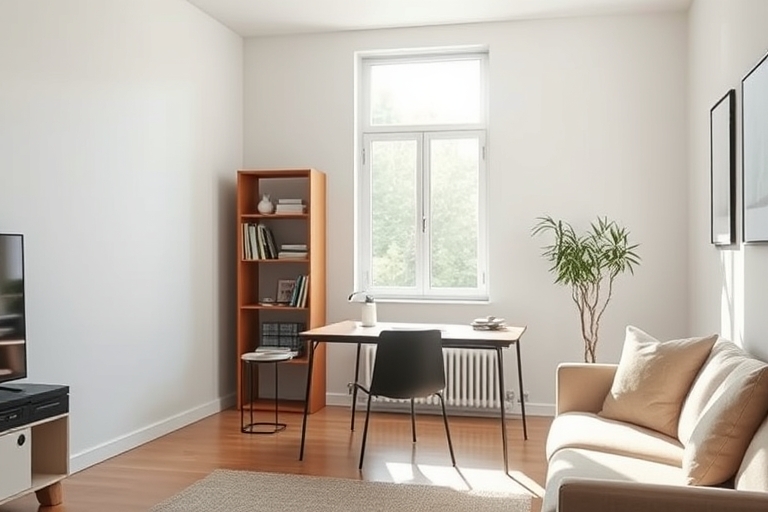 "A serene minimalist living room with a serene morning light pouring through the windows, illuminating a clean-lined desk with a smart coffee maker, a tidy bookshelf with a few select books, and a sle