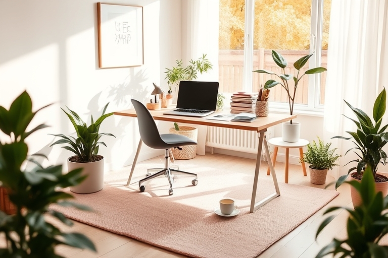 "A minimalist home office with a tidy desk, a laptop, and a small coffee cup on a pastel pink rug, surrounded by plants and a large window with warm sunlight streaming in, a few books and papers organ