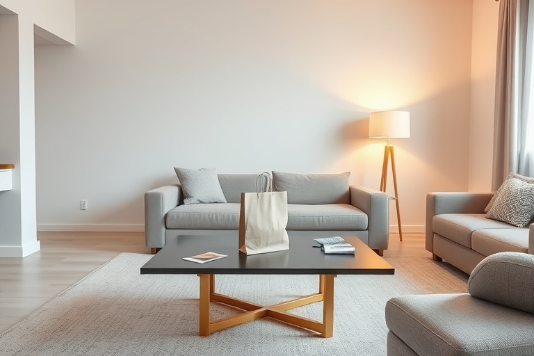 "A minimalist living room with a small shopping bag on a sleek coffee table, surrounded by empty white walls, a few scattered shopping receipts, and a warm golden glow from a nearby lamp, with soft pa