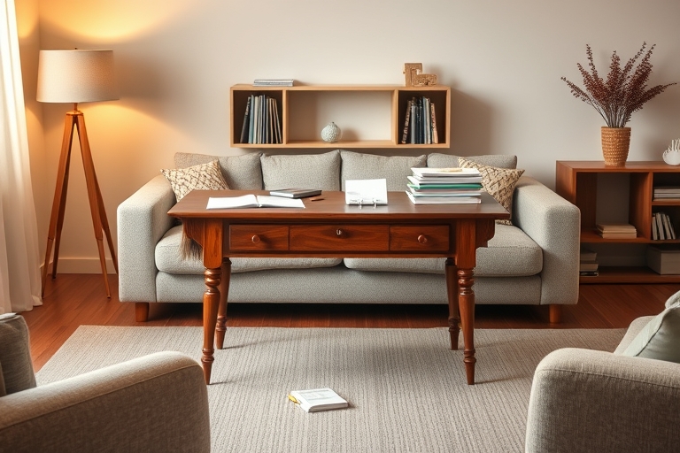 "A minimalist living room with a vintage wooden desk in the center, surrounded by a few neatly stacked bills and receipts, with a few pastel-colored pens and a calculator nearby, under warm soft light