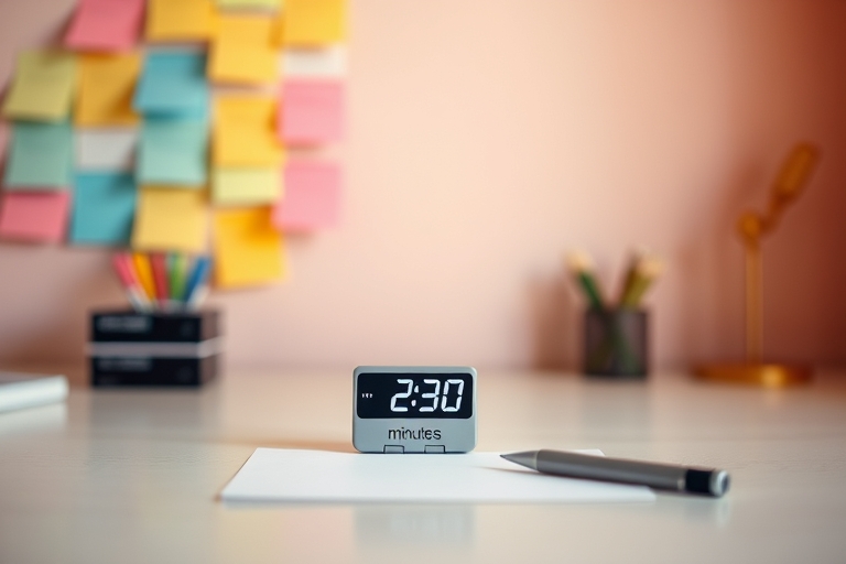 "A minimalist desk with a single pen and a timer set to 2 minutes on a small digital display, surrounded by a blurred background of colorful sticky notes and a warm pastel-colored wall, with soft gold