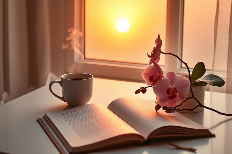 "Sunrise over a minimalist desk with a steaming coffee cup, a blooming orchid, and a journal open to a clean page, surrounded by soft pastel hues and warm morning light."