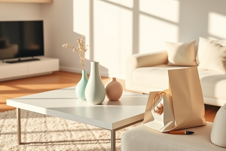 "A minimalist living room with a sleek coffee table, a few carefully placed pastel-colored vases, a shopping bag with contents spilling out, and a notepad and pen on the side, under warm natural light