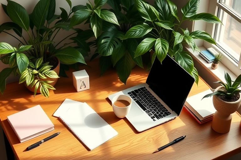 "A minimalist workspace with a laptop and a cup of coffee on a wooden desk, surrounded by lush greenery, soft pastel-colored notes and a few scattered productivity tools, lit by warm natural light str