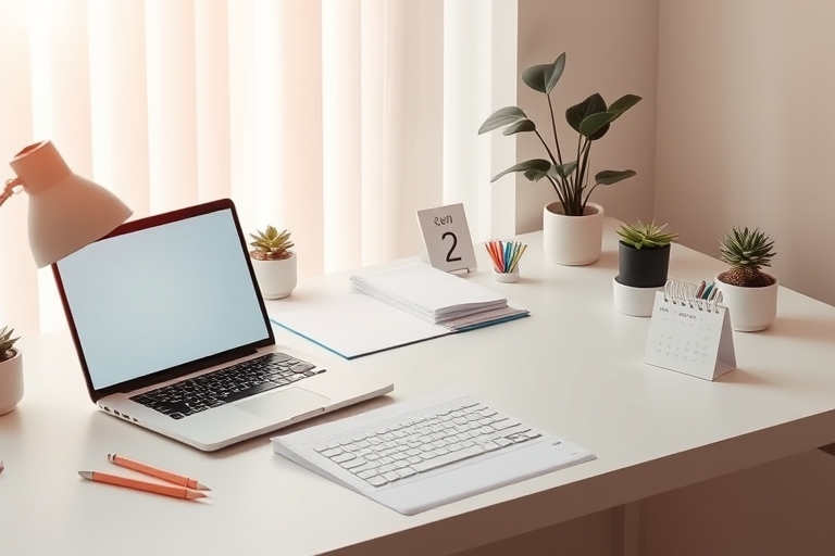 "A modern, minimalist desk setup with a laptop, a few carefully arranged papers, and a desk calendar, surrounded by a warm, soft light with pastel-colored stationery and a few potted plants in the bac