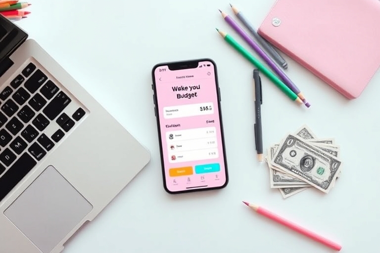 "A minimalist desk setup with a laptop, a stack of colorful pens and pencils, and a smartphone displaying a budgeting app on a pastel pink background, surrounded by a few neatly folded bills and a sma