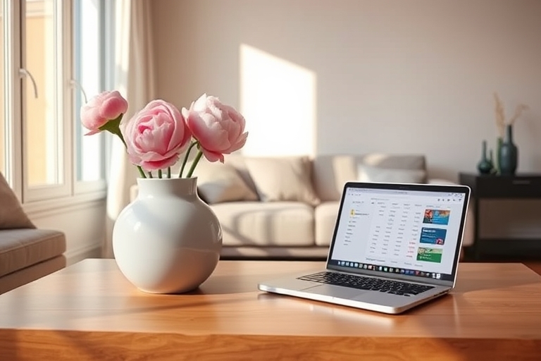 "A serene living room with a sleek wooden coffee table, a large white vase with pastel pink peonies, and a laptop open to a budgeting app on a minimalist background, with warm golden light pouring in 
