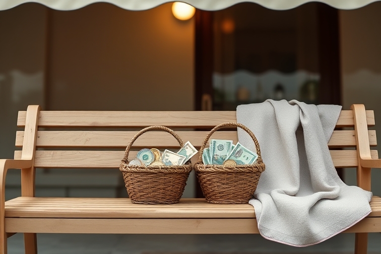 "Two small, intricately woven baskets filled with colorful coins and bills sit side by side on a minimalist wooden bench, under a warm, soft-lit awning, with a subtle pastel-colored throw blanket drap