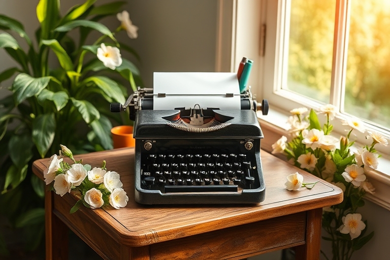 "A vintage typewriter sits on a worn wooden table, repurposed as a decorative pen holder, surrounded by lush greenery and soft pastel-colored flowers, with warm sunlight streaming through a nearby win