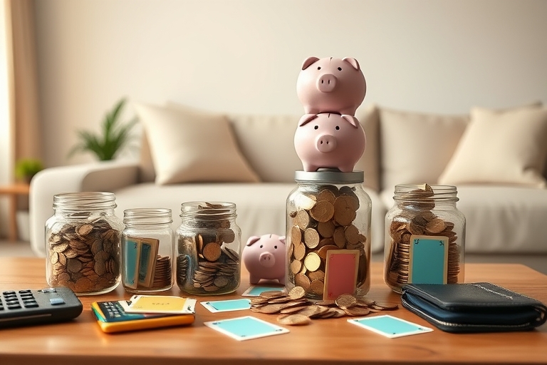 "A minimalist living room with a stack of piggy banks and jars filled with coins, surrounded by pastel-colored playing cards, a calculator, and a wallet, set against a warm, soft background with a sub