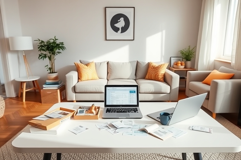 "A clutter-free living room with a minimalist desk in the center, surrounded by a few carefully curated subscription boxes and bills scattered across the surface, with a laptop open to a spreadsheet d