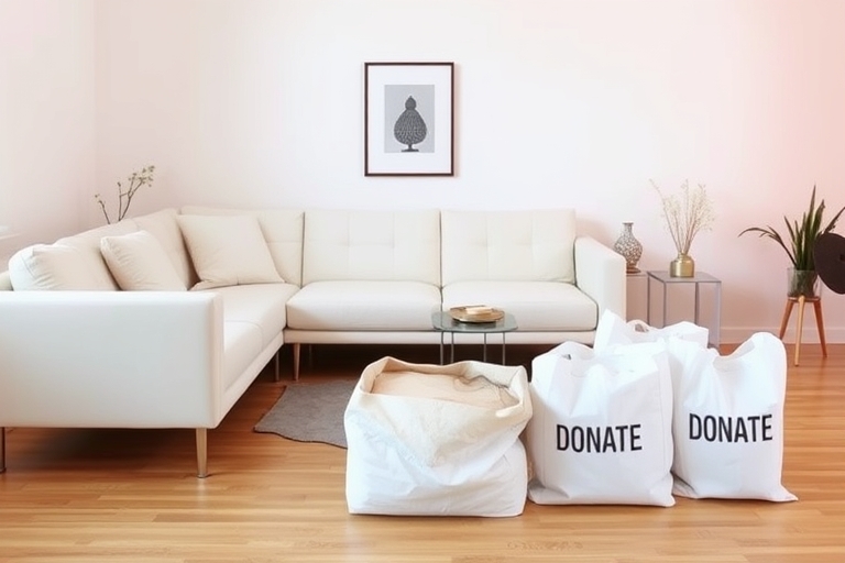 "A minimalist living room with a sleek, white couch, a few carefully curated decorative items, and a few boxes and bags labeled 'donate' and 'sell' on a wooden floor, with a subtle pastel pink hue in 