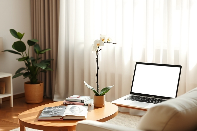 "A serene minimalist living room with a calm morning light, a single orchid on a small wooden table, surrounded by a few carefully curated lifestyle books and a laptop with a clean, blank screen."