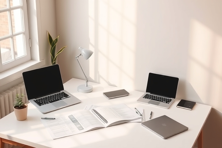 "A minimalist desk with a few carefully placed digital devices, laptops, and a few scattered papers, surrounded by a calming pastel-colored background with warm natural light spilling in through a win