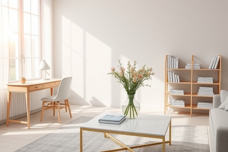 "Minimalist living room with a tidy desk, a vase with pastel flowers on a clean coffee table, a few neatly stacked books on a shelf, and a large window with soft warm sunlight streaming in."