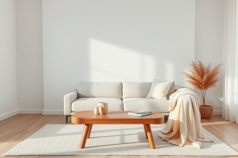 "A minimalist living room with a serene atmosphere, featuring a simple wooden coffee table, a few carefully chosen decorative objects, and a soft pastel-colored throw blanket draped over a minimalist 