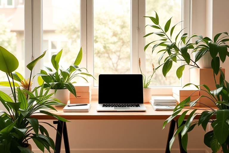 "A minimalist desk with a laptop and a few neatly stacked folders, surrounded by lush greenery and soft pastel-colored boxes, bathed in warm, natural light."
