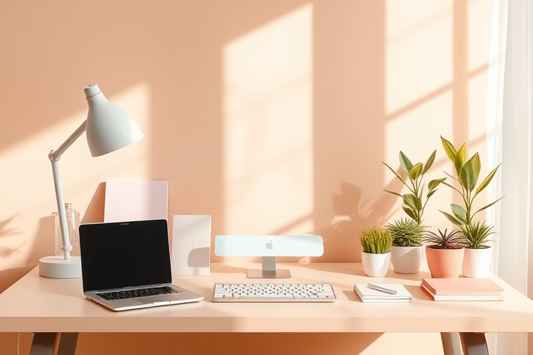 "A minimalist desk with a laptop and a few carefully arranged digital devices, surrounded by calming pastel-colored stationery and a few potted plants, set against a warm, sunny background with a soft