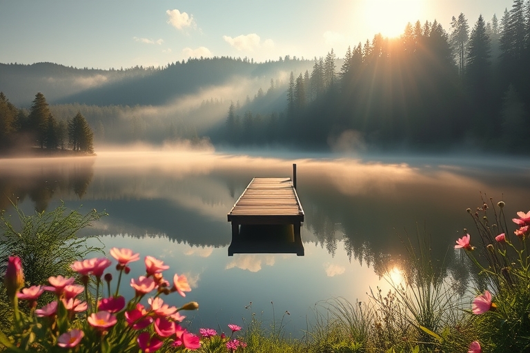 "Sunlit morning scene: a serene lake reflection with a solitary wooden dock stretching into a misty forest, surrounded by lush greenery with vibrant pastel wildflowers and a few wispy clouds in a clea
