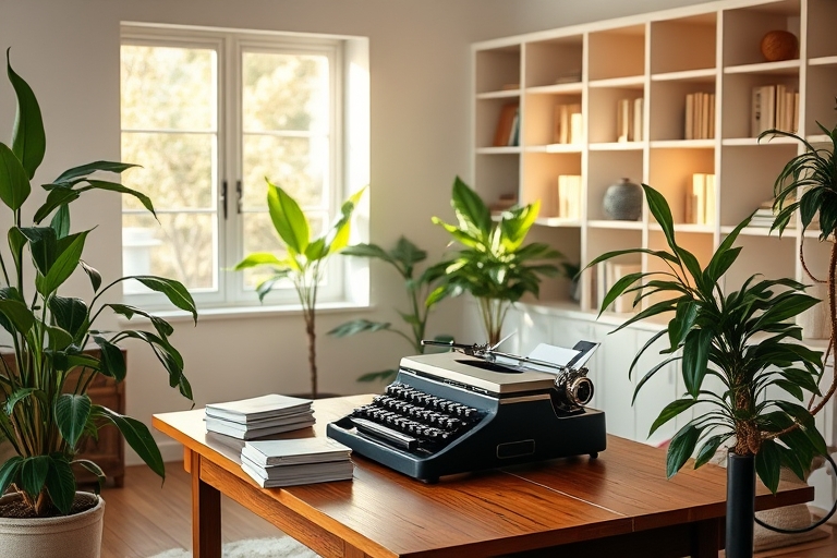 "A minimalist living room with a vintage typewriter and a stack of bills on a wooden desk, surrounded by lush greenery and soft pastel-colored bookshelves, illuminated by warm sunlight streaming throu