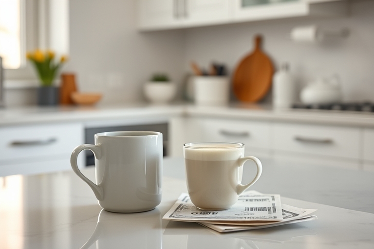 "Freshly brewed coffee in a minimalist kitchen with a pastel-colored mug, surrounded by a few bills on a marble countertop, with a subtle morning light peeking through the window."