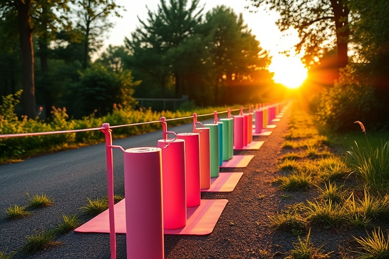"A serene outdoor running trail at sunrise, with a row of freshly washed yoga mats and water bottles drying in the morning dew, surrounded by lush greenery and vibrant pastel-colored athletic clothes 