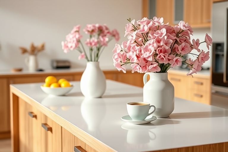 "A sparkling clean kitchen island with a white vase filled with pastel pink flowers, a bowl of lemons, and a steaming hot cup of coffee on a minimalist wooden countertop, surrounded by warm natural li
