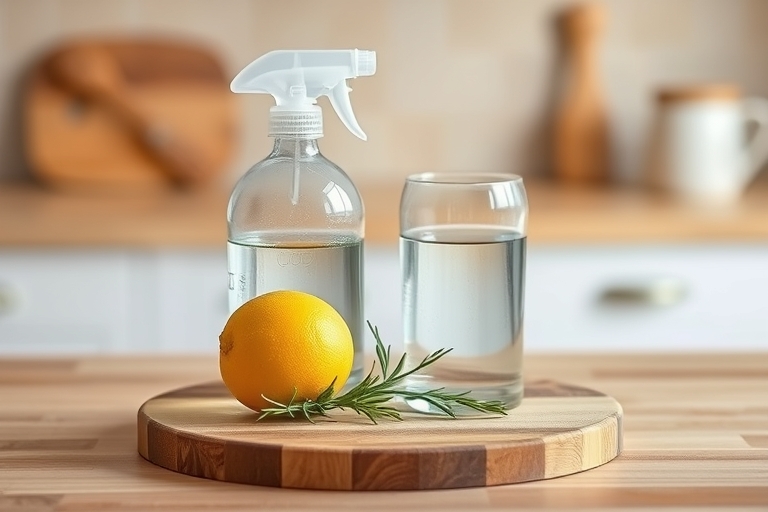 "Soft focus photograph of a minimalist kitchen with a glass jar of homemade all-purpose cleaner, a lemon, and a sprig of fresh rosemary on a wooden cutting board, set against a warm beige background w