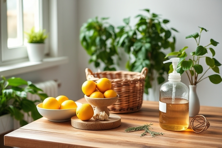 "A minimalist kitchen with a wooden table and woven basket, surrounded by lush greenery, a bowl of lemons, a jar of homemade cleaning solution, and a few scattered sprigs of fresh rosemary, all bathed