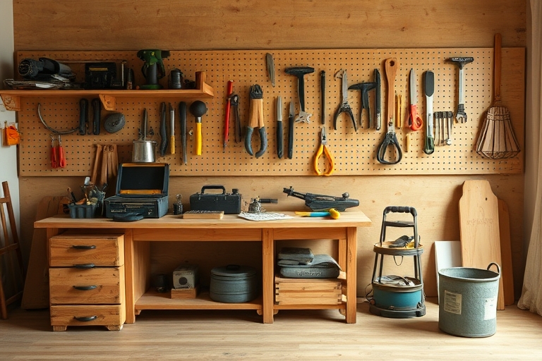 "A minimalist home workshop with a wooden workbench, a toolbox with various hand tools, a pegboard with hanging tools, and a few DIY projects in progress, set against a warm, soft focus background wit