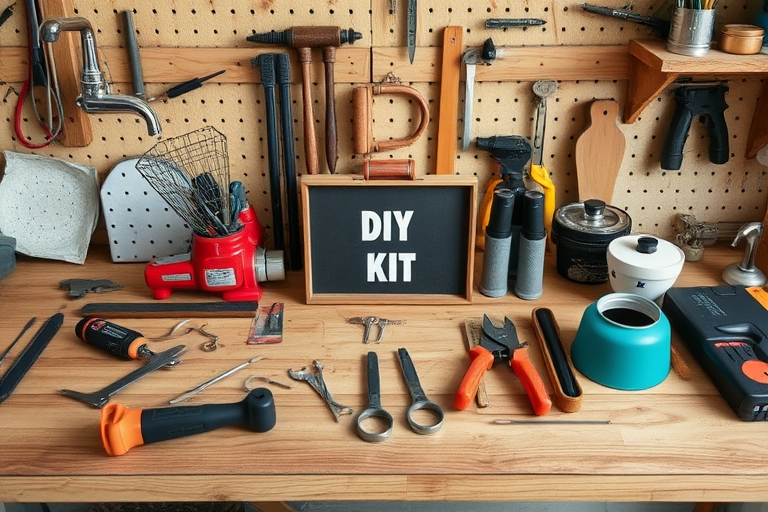 "A beautifully styled still life of a DIY repair kit on a sleek, rustic wooden workbench, surrounded by neatly arranged tools, with a few common household items like a leaky faucet, a wobbly chair, an