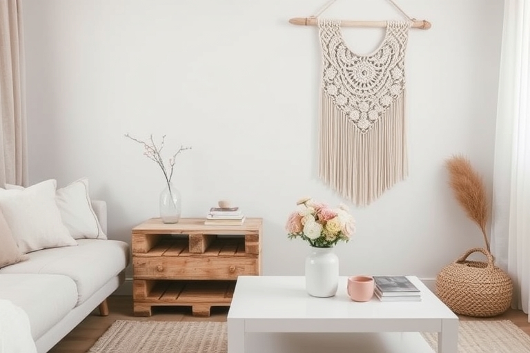"Cozy living room with a distressed wooden side table made from an old pallet, a macrame wall hanging in soft pastel hues, and a vase with fresh flowers on a minimalist white coffee table, set against