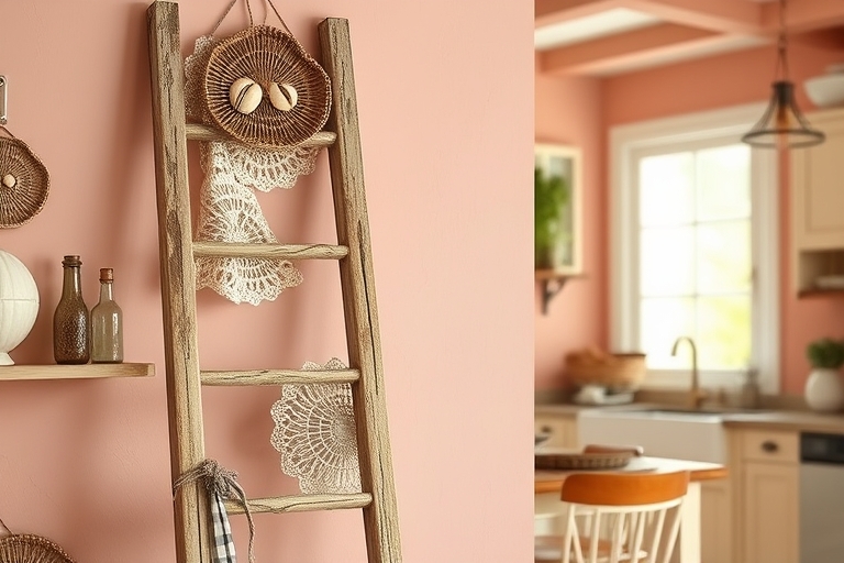 "A distressed wooden ladder leaning against a pastel pink wall, adorned with woven seashells, lace doilies, and vintage bottles, set against a warm, sunny kitchen background with a hint of natural lig
