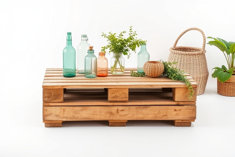 "Upcycled home decor scene: a distressed wooden pallet transformed into a unique coffee table, surrounded by pastel-hued vintage bottles, woven baskets, and lush greenery on a clean white background."