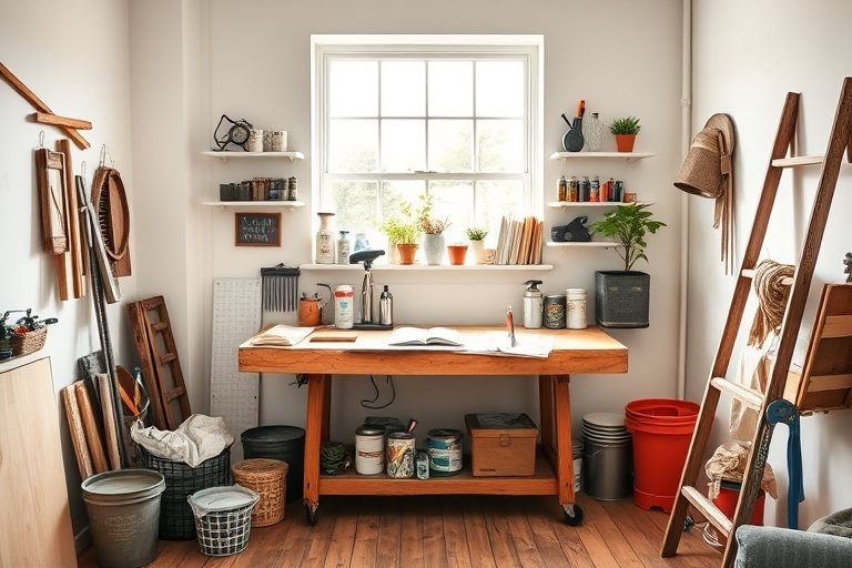 "A cheerful living room with a worn, wooden workbench against a sunny window, surrounded by various DIY tools, paint cans, and half-finished projects, with a few potted plants and a vintage ladder lea